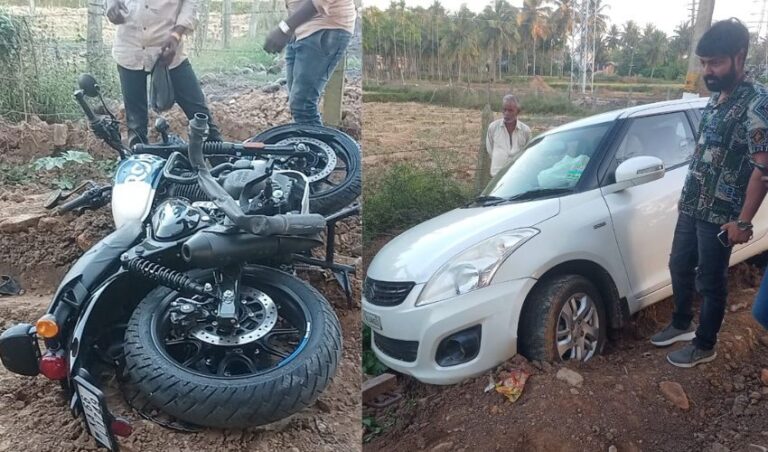 ಶಿವಮೊಗ್ಗ ಸಮೀಪ ಬೈಕ್ ಕಾರು ಢಿಕ್ಕಿ  ಬೈಕ್ ಸವಾರನಿಗೆ ಪೆಟ್ಟು