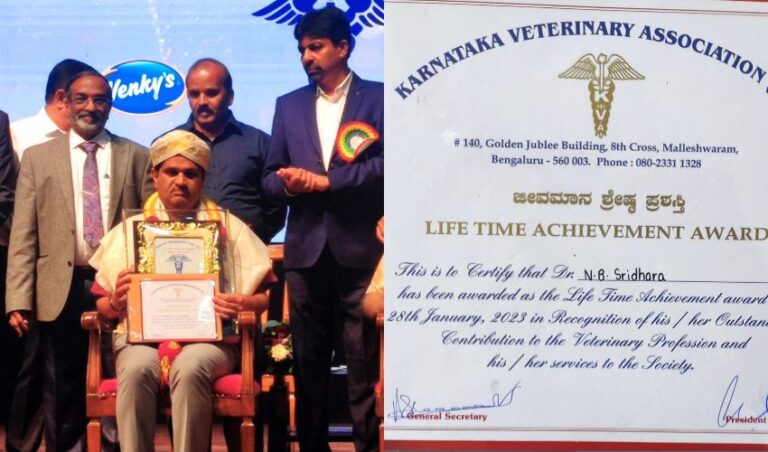 ಪ್ರಸಿದ್ಧ ಪಶುವೈದ್ಯ ವಿಜ್ಞಾನಿ ಡಾ ಎನ್.ಬಿ ಶ್ರೀಧರ್ ಅವರಿಗೆ ಶ್ರೇಷ್ಠ ಪಶುವೈದ್ಯ ಪ್ರಶಸ್ತಿ